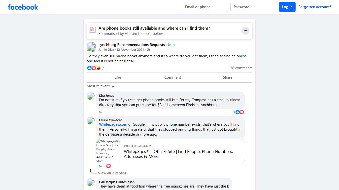 Lynchburg Recommendations Requests | Do they even sell phone books anymore and if so where do you get them, I tried to find an online one and it is not helpful at all. | Facebook